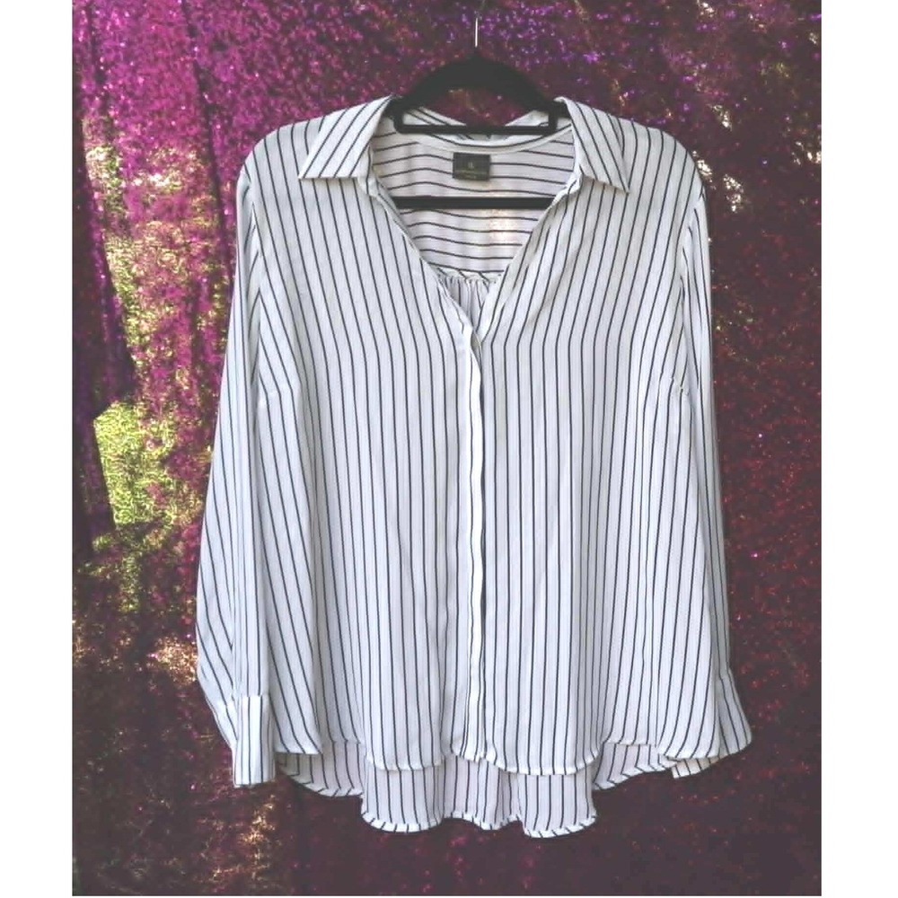 White Striped Blouse 1XP Petite Worthington Navy Vertical Stripe Button Down